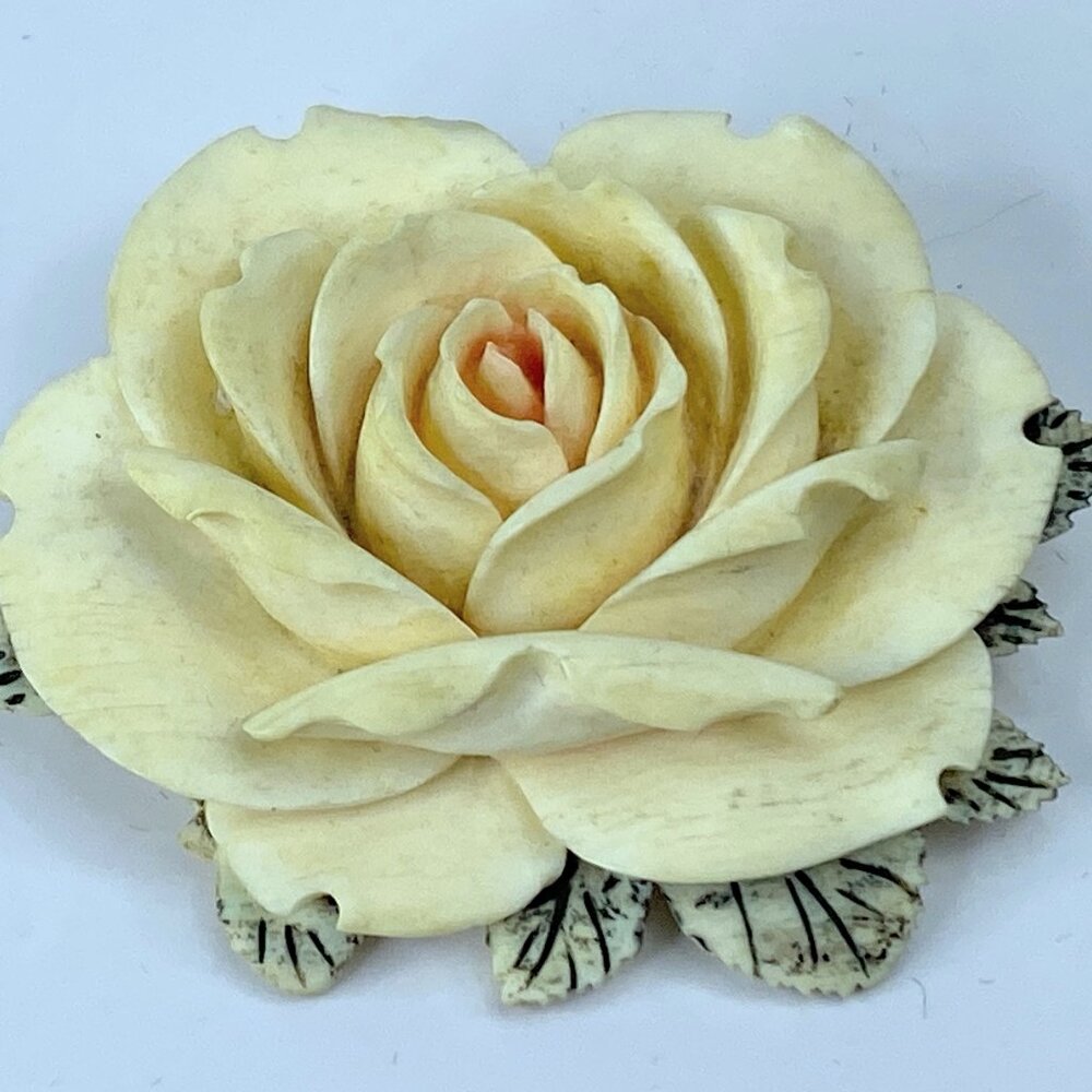 c1930 deep carved resin Rose Floral brooch pink center sterling silver JR671